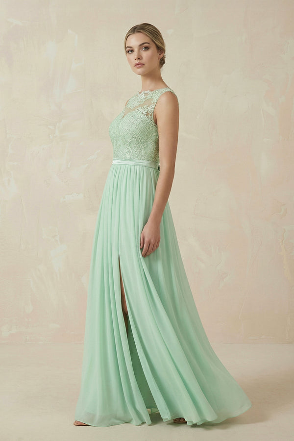 Lace A - Line Bateau Neck Chiffon Long Bridesmaid Dress - KissProm Bridesmaid Dresses