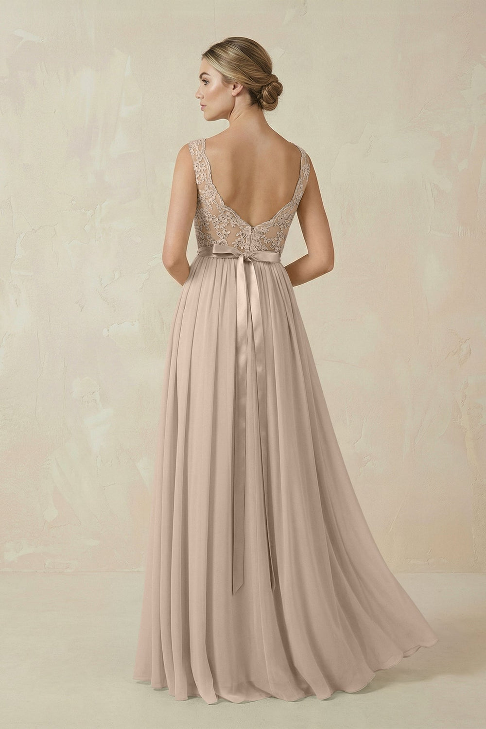 Lace A - Line Bateau Neck Chiffon Long Bridesmaid Dress in Almond - KissProm Bridesmaid Dresses