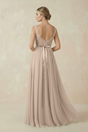 Lace A - Line Bateau Neck Chiffon Long Bridesmaid Dress in Almond - KissProm Bridesmaid Dresses