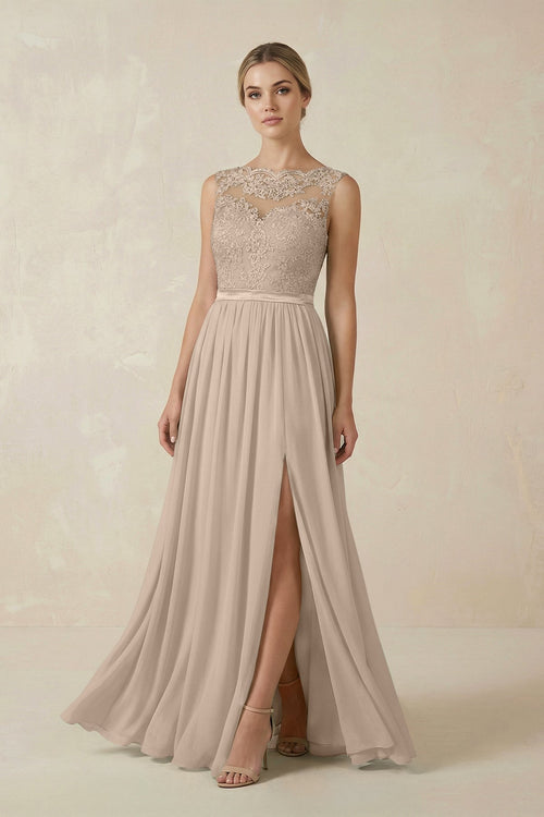 Lace A - Line Bateau Neck Chiffon Long Bridesmaid Dress in Almond - KissProm Bridesmaid Dresses
