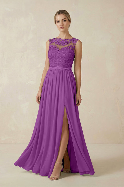 Lace A - Line Bateau Neck Chiffon Long Bridesmaid Dress in Amethyst - KissProm Bridesmaid Dresses
