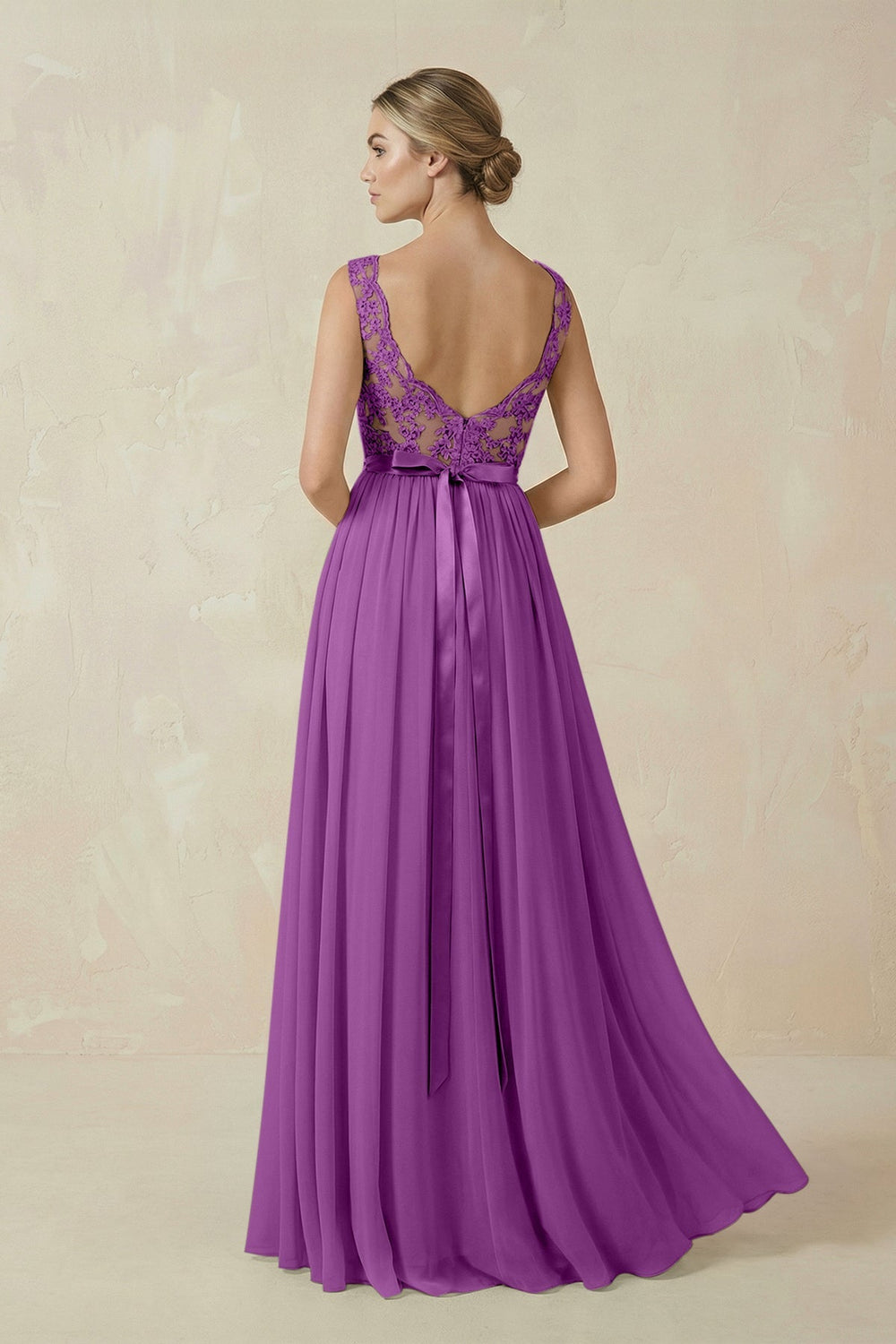 Lace A - Line Bateau Neck Chiffon Long Bridesmaid Dress in Amethyst - KissProm Bridesmaid Dresses