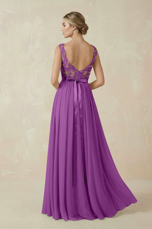 Lace A - Line Bateau Neck Chiffon Long Bridesmaid Dress in Amethyst - KissProm Bridesmaid Dresses