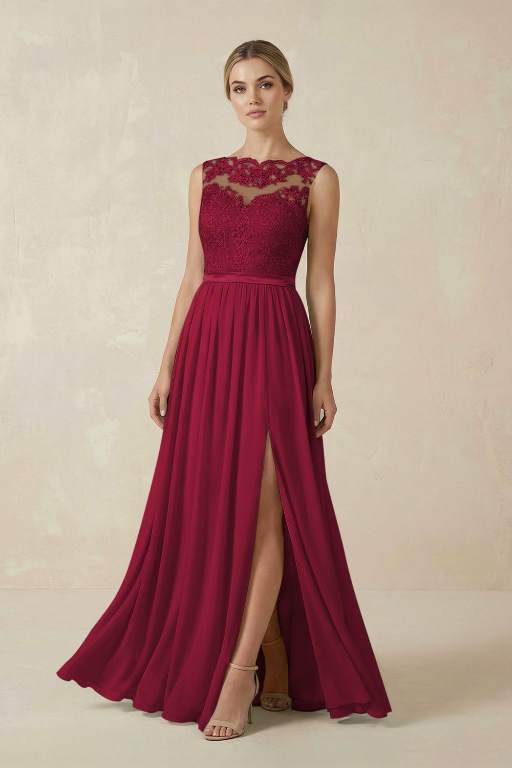 Lace A - Line Bateau Neck Chiffon Long Bridesmaid Dress in Berry - KissProm Bridesmaid Dresses