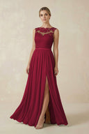 Lace A - Line Bateau Neck Chiffon Long Bridesmaid Dress in Berry - KissProm Bridesmaid Dresses