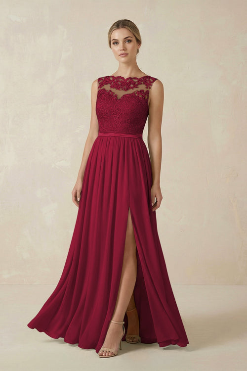 Lace A - Line Bateau Neck Chiffon Long Bridesmaid Dress in Berry - KissProm Bridesmaid Dresses