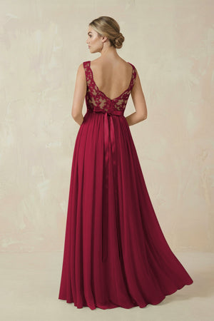 Lace A - Line Bateau Neck Chiffon Long Bridesmaid Dress in Berry - KissProm Bridesmaid Dresses