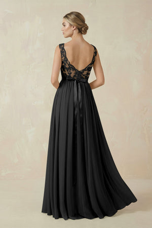 Lace A - Line Bateau Neck Chiffon Long Bridesmaid Dress in Black - KissProm Bridesmaid Dresses