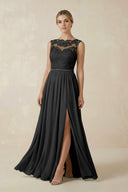 Lace A - Line Bateau Neck Chiffon Long Bridesmaid Dress in Black - KissProm Bridesmaid Dresses
