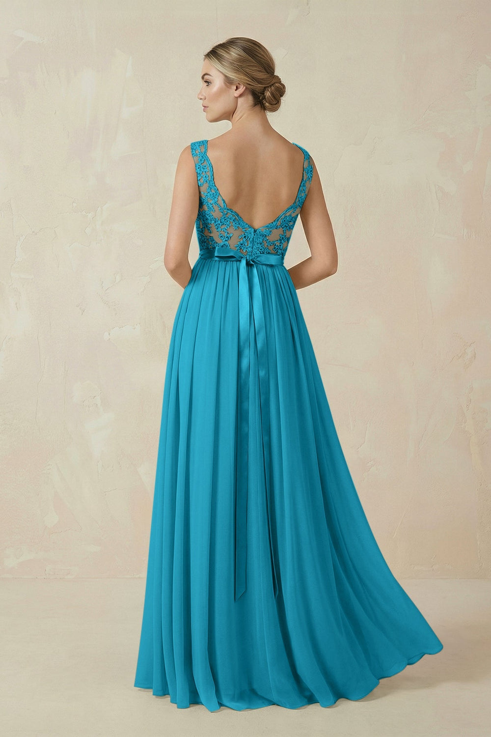 Lace A - Line Bateau Neck Chiffon Long Bridesmaid Dress in Blue Jay - KissProm Bridesmaid Dresses