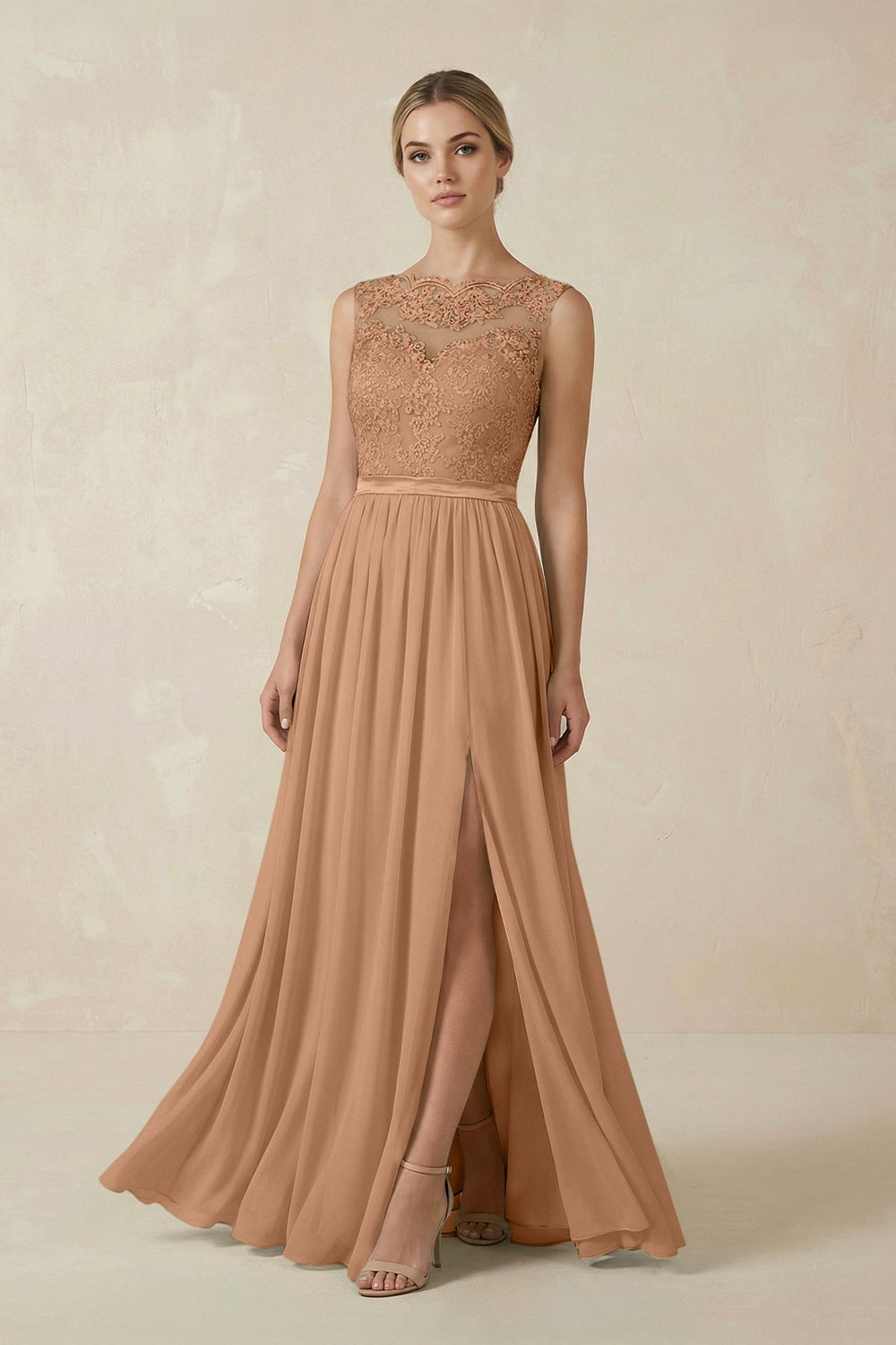 Lace A - Line Bateau Neck Chiffon Long Bridesmaid Dress in Bronzer - KissProm Bridesmaid Dresses