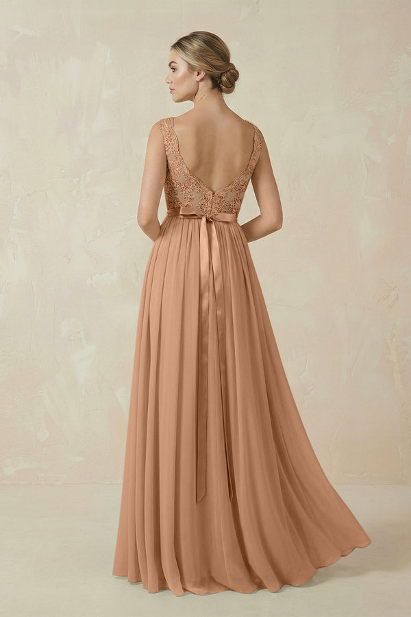 KissProm Lace A-Line Bateau Neck Chiffon Long Bridesmaid Dress in Bronzer, Bronzer / 0