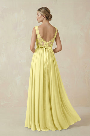 Lace A - Line Bateau Neck Chiffon Long Bridesmaid Dress in Buttercup - KissProm Bridesmaid Dresses