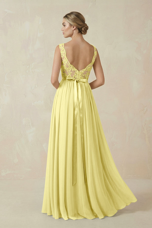 Lace A - Line Bateau Neck Chiffon Long Bridesmaid Dress in Buttercup - KissProm Bridesmaid Dresses