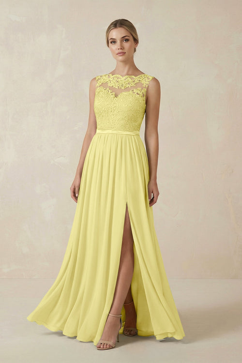 Lace A - Line Bateau Neck Chiffon Long Bridesmaid Dress in Buttercup - KissProm Bridesmaid Dresses