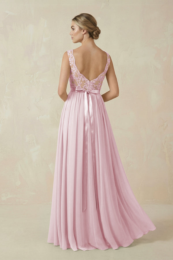 Lace A - Line Bateau Neck Chiffon Long Bridesmaid Dress in Candy Pink - KissProm Bridesmaid Dresses