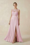 Lace A - Line Bateau Neck Chiffon Long Bridesmaid Dress in Candy Pink - KissProm Bridesmaid Dresses