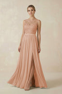 Lace A - Line Bateau Neck Chiffon Long Bridesmaid Dress in Champagne Rose - KissProm Bridesmaid Dresses