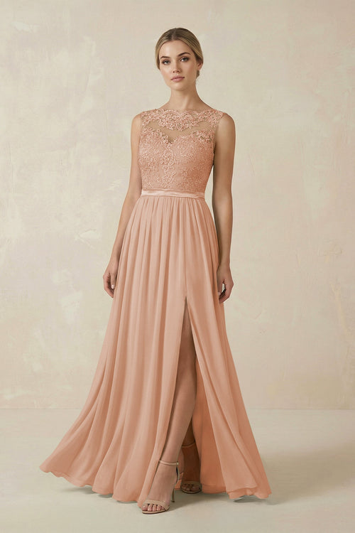 Lace A - Line Bateau Neck Chiffon Long Bridesmaid Dress in Champagne Rose - KissProm Bridesmaid Dresses