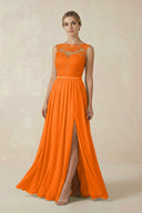 Lace A - Line Bateau Neck Chiffon Long Bridesmaid Dress in Cinnamon - KissProm Bridesmaid Dresses