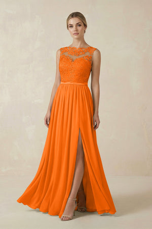 Lace A - Line Bateau Neck Chiffon Long Bridesmaid Dress in Cinnamon - KissProm Bridesmaid Dresses