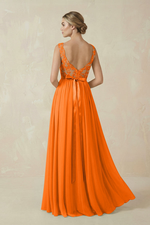 Lace A - Line Bateau Neck Chiffon Long Bridesmaid Dress in Cinnamon - KissProm Bridesmaid Dresses
