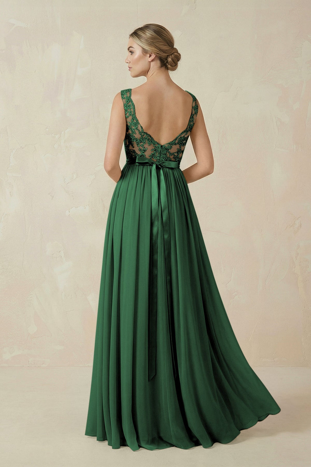 Lace A - Line Bateau Neck Chiffon Long Bridesmaid Dress in Dark Green - KissProm Bridesmaid Dresses
