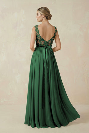 Lace A - Line Bateau Neck Chiffon Long Bridesmaid Dress in Dark Green - KissProm Bridesmaid Dresses