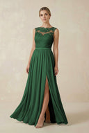 Lace A - Line Bateau Neck Chiffon Long Bridesmaid Dress in Dark Green - KissProm Bridesmaid Dresses