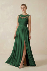 Lace A - Line Bateau Neck Chiffon Long Bridesmaid Dress in Dark Green - KissProm Bridesmaid Dresses
