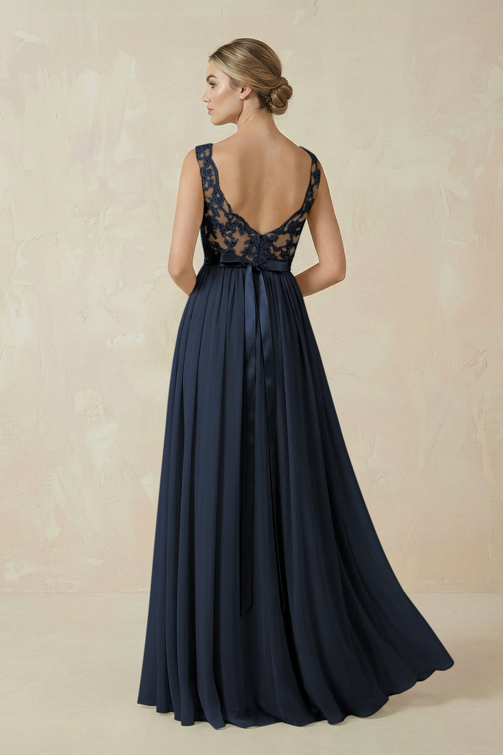 Lace A - Line Bateau Neck Chiffon Long Bridesmaid Dress in Dark Navy - KissProm Bridesmaid Dresses