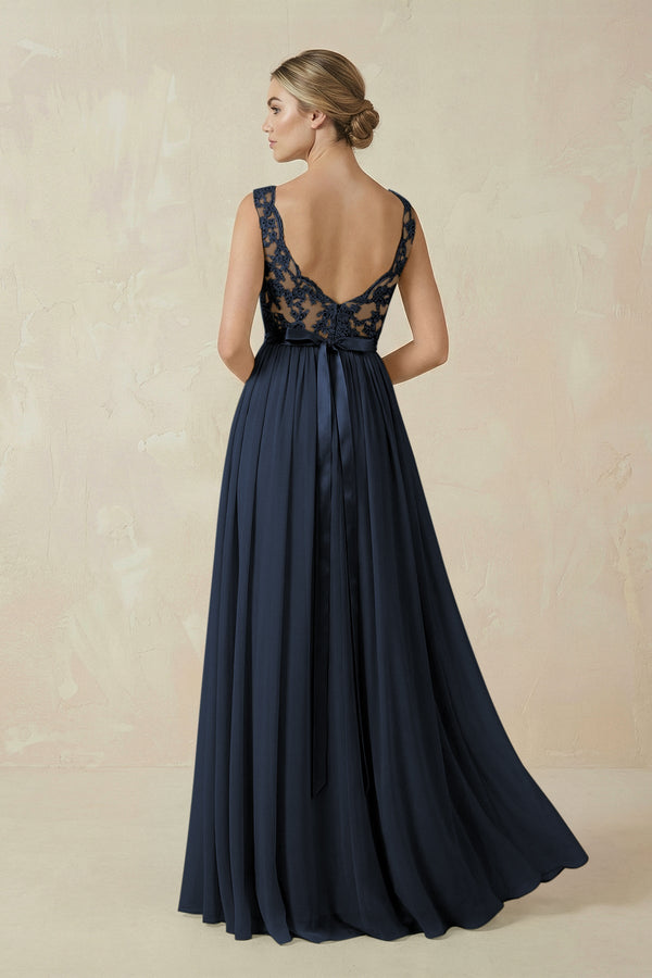Lace A - Line Bateau Neck Chiffon Long Bridesmaid Dress in Dark Navy - KissProm Bridesmaid Dresses
