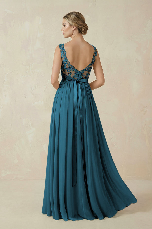 KissProm Lace A-Line Bateau Neck Chiffon Long Bridesmaid Dress in Dark Teal, Dark Teal / 2