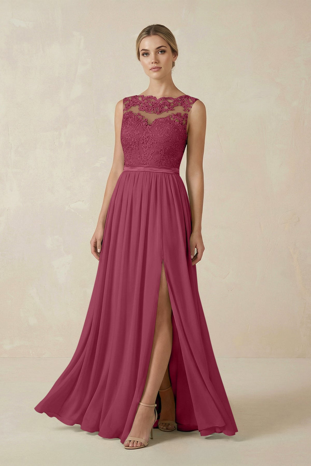 Lace A - Line Bateau Neck Chiffon Long Bridesmaid Dress in Desert Rose - KissProm Bridesmaid Dresses