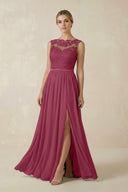Lace A - Line Bateau Neck Chiffon Long Bridesmaid Dress in Desert Rose - KissProm Bridesmaid Dresses