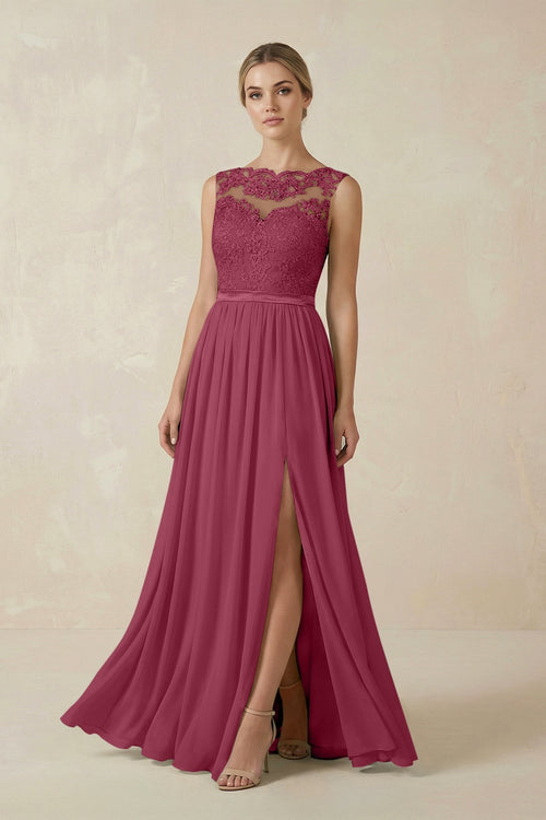 Lace A - Line Bateau Neck Chiffon Long Bridesmaid Dress in Desert Rose - KissProm Bridesmaid Dresses