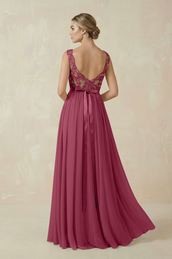 Lace A - Line Bateau Neck Chiffon Long Bridesmaid Dress in Desert Rose - KissProm Bridesmaid Dresses