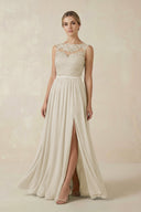 Lace A - Line Bateau Neck Chiffon Long Bridesmaid Dress in Dove Gray - KissProm Bridesmaid Dresses