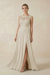 Lace A - Line Bateau Neck Chiffon Long Bridesmaid Dress in Dove Gray - KissProm Bridesmaid Dresses