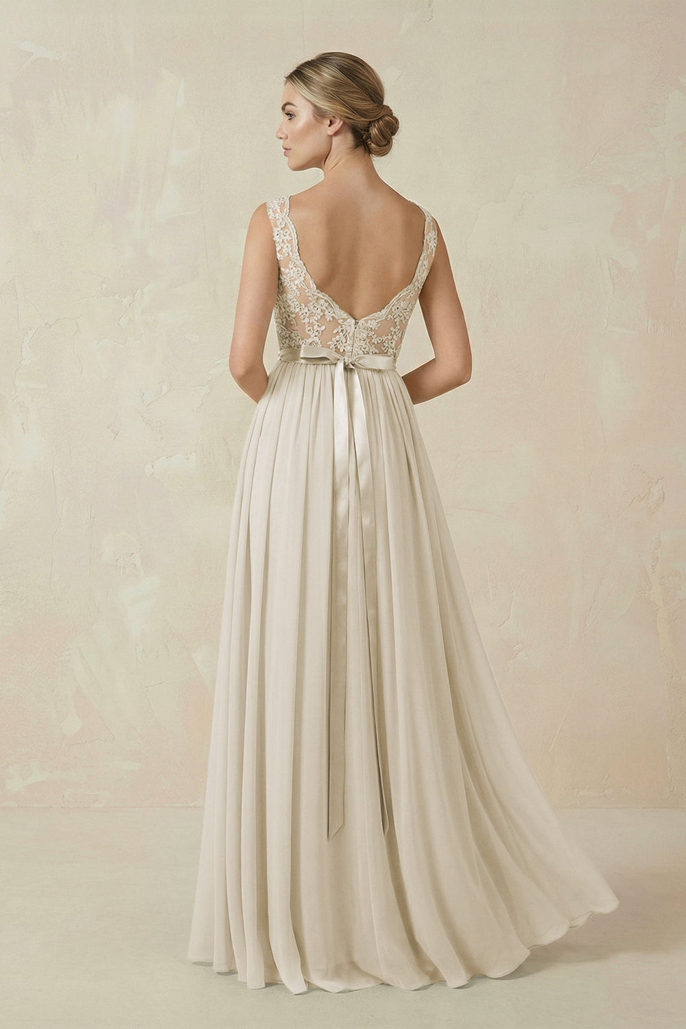 Lace A - Line Bateau Neck Chiffon Long Bridesmaid Dress in Dove Gray - KissProm Bridesmaid Dresses