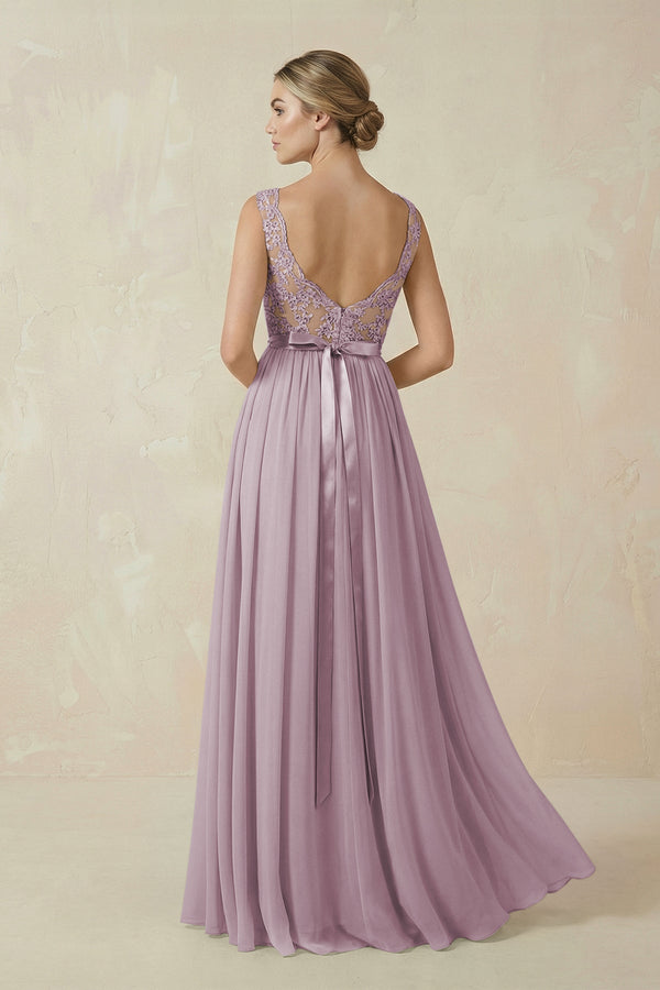 Lace A - Line Bateau Neck Chiffon Long Bridesmaid Dress in Dusk - KissProm Bridesmaid Dresses
