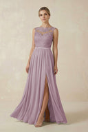 Lace A - Line Bateau Neck Chiffon Long Bridesmaid Dress in Dusk - KissProm Bridesmaid Dresses