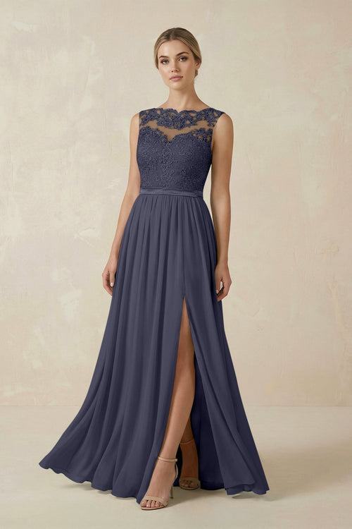 Lace A - Line Bateau Neck Chiffon Long Bridesmaid Dress in Dusk Blue - KissProm Bridesmaid Dresses