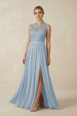 Lace A - Line Bateau Neck Chiffon Long Bridesmaid Dress in Dusty Blue - KissProm Bridesmaid Dresses