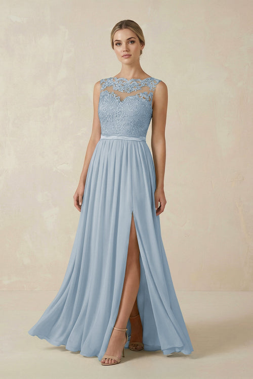 Lace A - Line Bateau Neck Chiffon Long Bridesmaid Dress in Dusty Blue - KissProm Bridesmaid Dresses