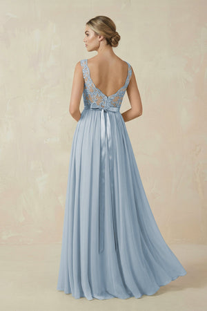 Lace A - Line Bateau Neck Chiffon Long Bridesmaid Dress in Dusty Blue - KissProm Bridesmaid Dresses