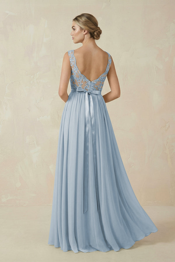 Lace A - Line Bateau Neck Chiffon Long Bridesmaid Dress in Dusty Blue - KissProm Bridesmaid Dresses
