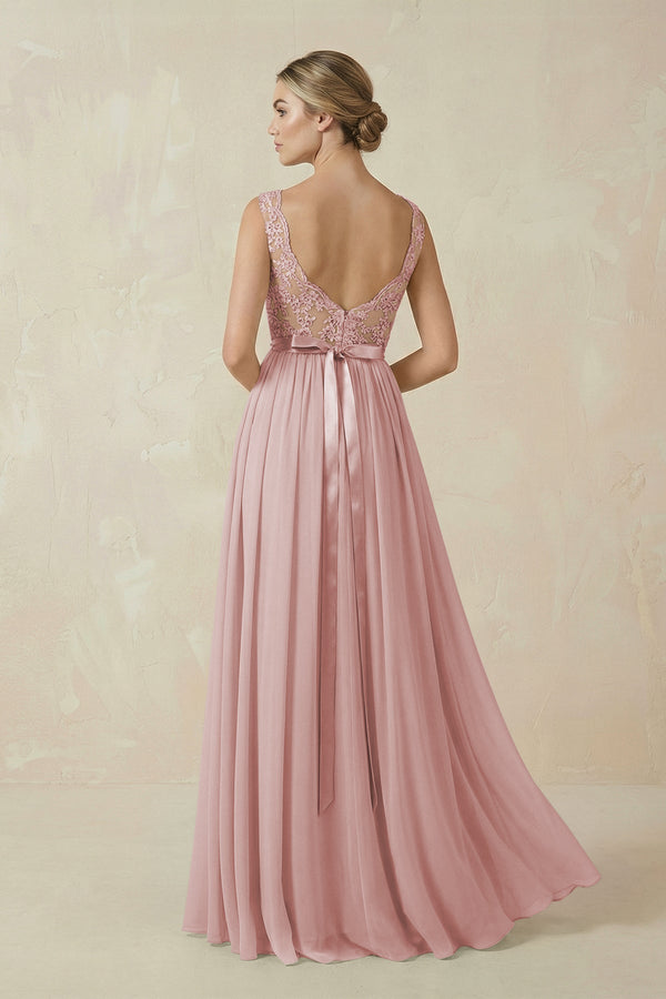 Lace A-Line Bateau Neck Chiffon Long Bridesmaid Dress in Dusty Rose, Dusty Rose / 6 Lace A-Line Bateau Neck Chiffon Long Bridesmaid Dress in Dusty Rose, Dusty Rose / 6