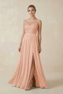 Lace A - Line Bateau Neck Chiffon Long Bridesmaid Dress in English Rose - KissProm Bridesmaid Dresses