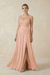 Lace A - Line Bateau Neck Chiffon Long Bridesmaid Dress in English Rose - KissProm Bridesmaid Dresses